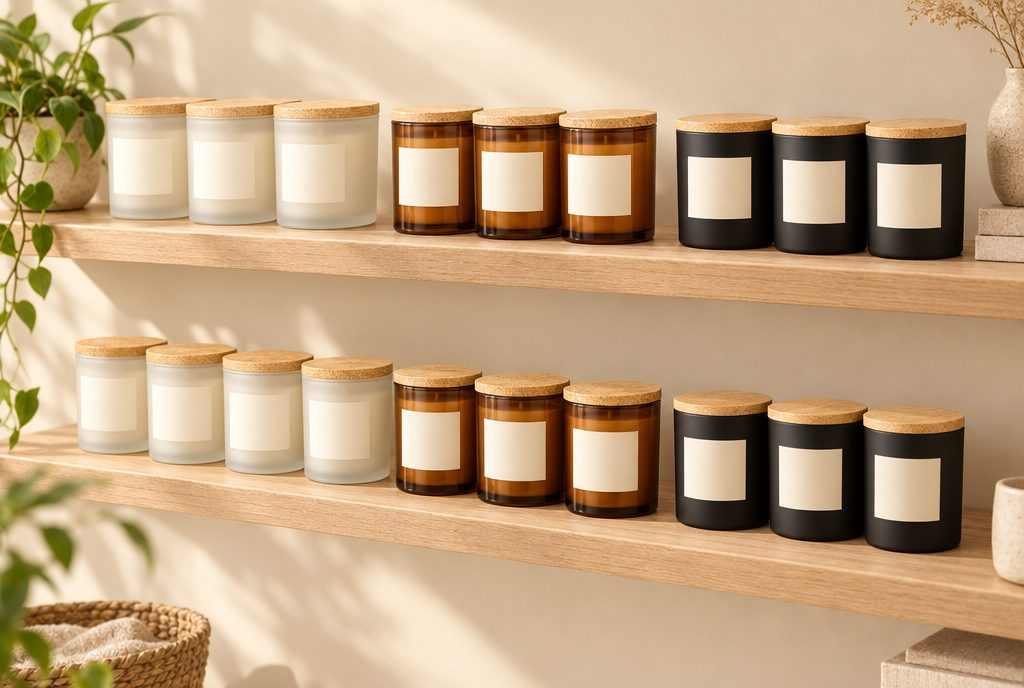 Two wooden shelves with rows of white, frosted, amber and black candles with blank labels