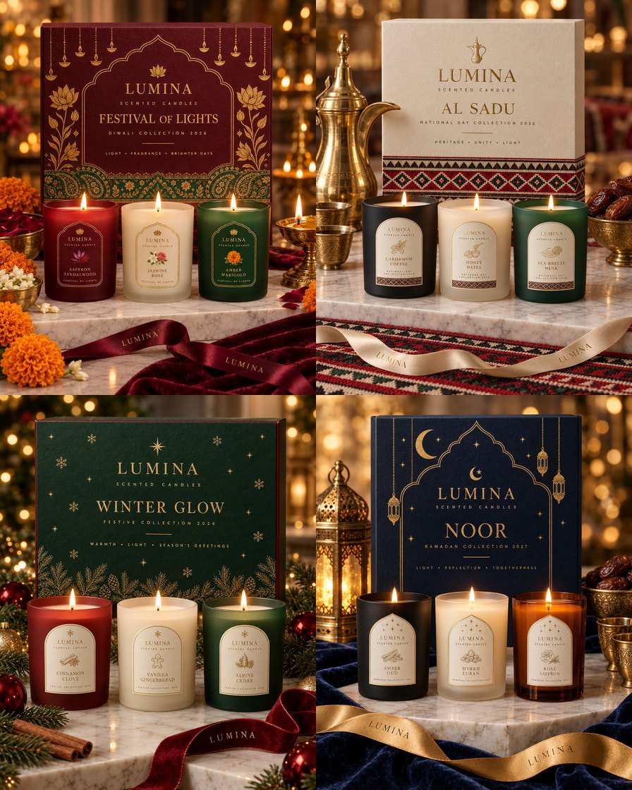 Four seasonal gift boxes: Festival of Lights for Diwali, Al Sadu for National Day, Winter Glow for year-end and Noor for Ramadan