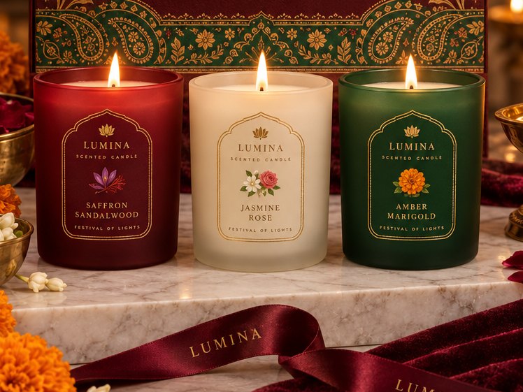 ثلاث شموع مضاءة من تشكيلة «مهرجان الأضواء»: Saffron Sandalwood بزجاج أحمر و Jasmine Rose بزجاج كريمي و Amber Marigold بزجاج أخضر مصنفر