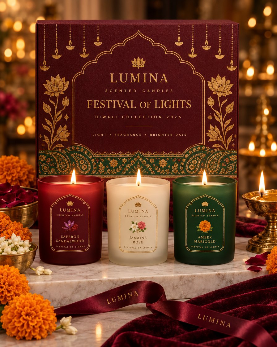 Festival of Lights Diwali gift box with three candles