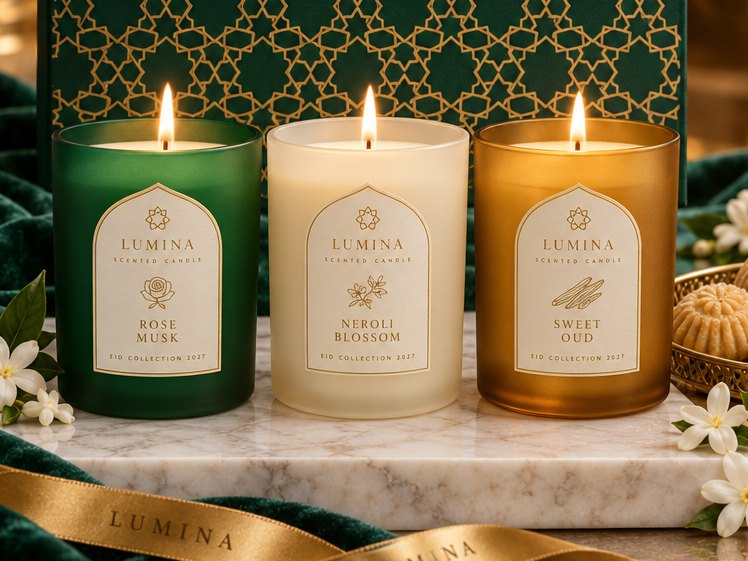 Three lit Eid Mubarak candles: Rose Musk in emerald, Neroli Blossom in ivory and Sweet Oud in amber-gold glass