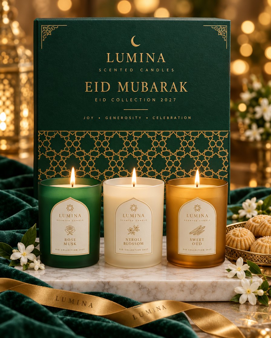 Eid Mubarak gift box with three candles