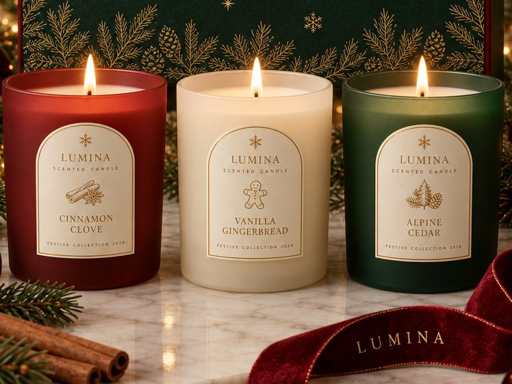 Three lit Winter Glow candles: Cinnamon Clove in red, Vanilla Gingerbread in ivory and Alpine Cedar in forest-green frosted glass