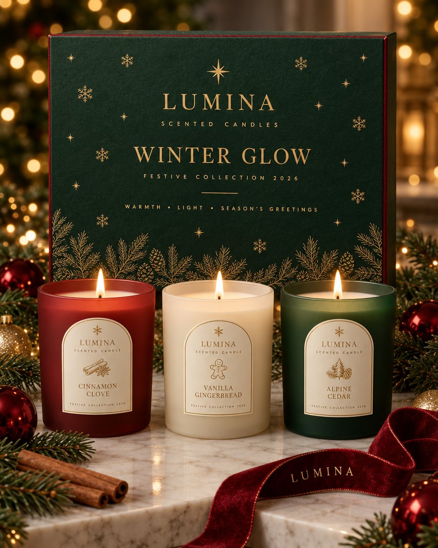 Winter Glow festive gift box with three candles