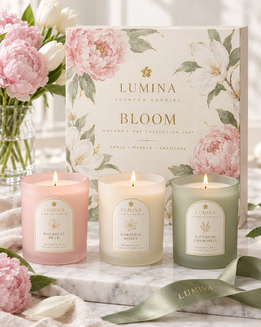 Bloom Mother's Day gift box with three candles