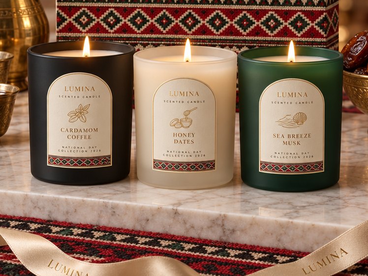 Three lit Al Sadu candles: Cardamom Coffee in matte black, Honey Dates in ivory and Sea Breeze Musk in green glass, with Sadu labels