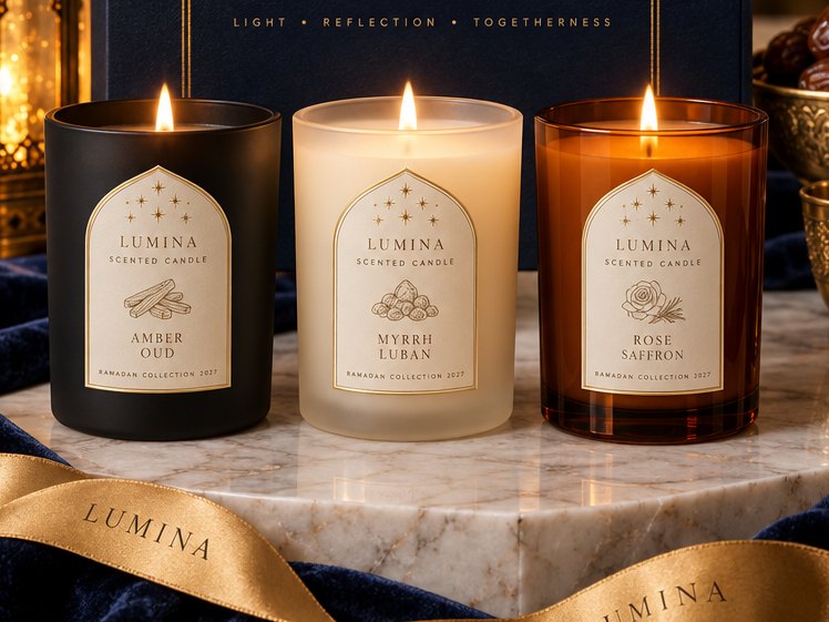Three lit Noor candles: Amber Oud in matte black, Myrrh Luban in ivory and Rose Saffron in amber glass