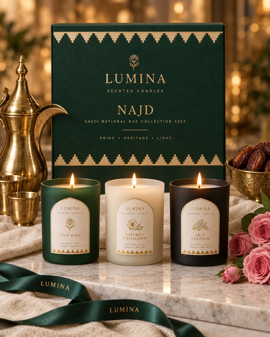 Najd Saudi National Day gift box with three candles