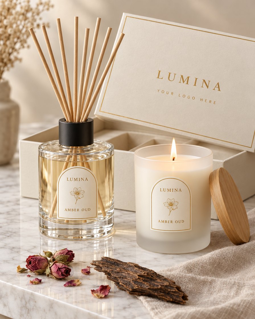 فواحة بأعواد الروطان وشمعة مضاءة متطابقة، كلتاهما بملصق Amber Oud، أمام علبة هدايا عاجية