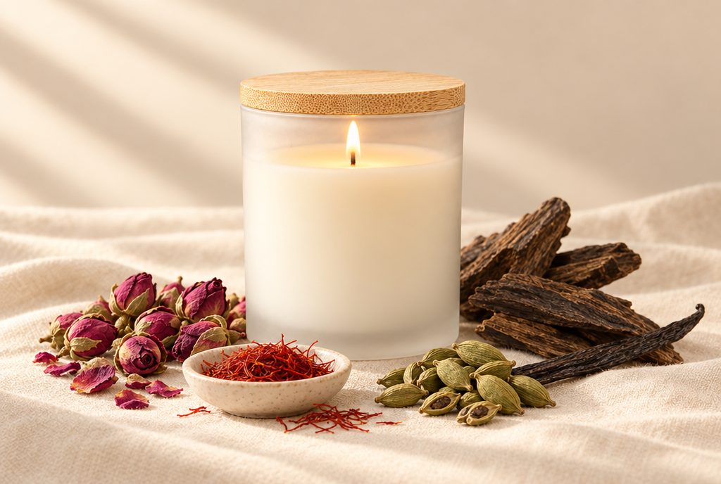 Lit frosted candle with a bamboo lid beside oud wood, dried rose buds, saffron and cardamom on linen