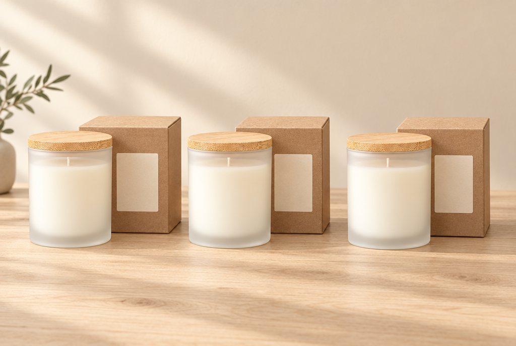 Three frosted candles with bamboo lids next to kraft gift boxes