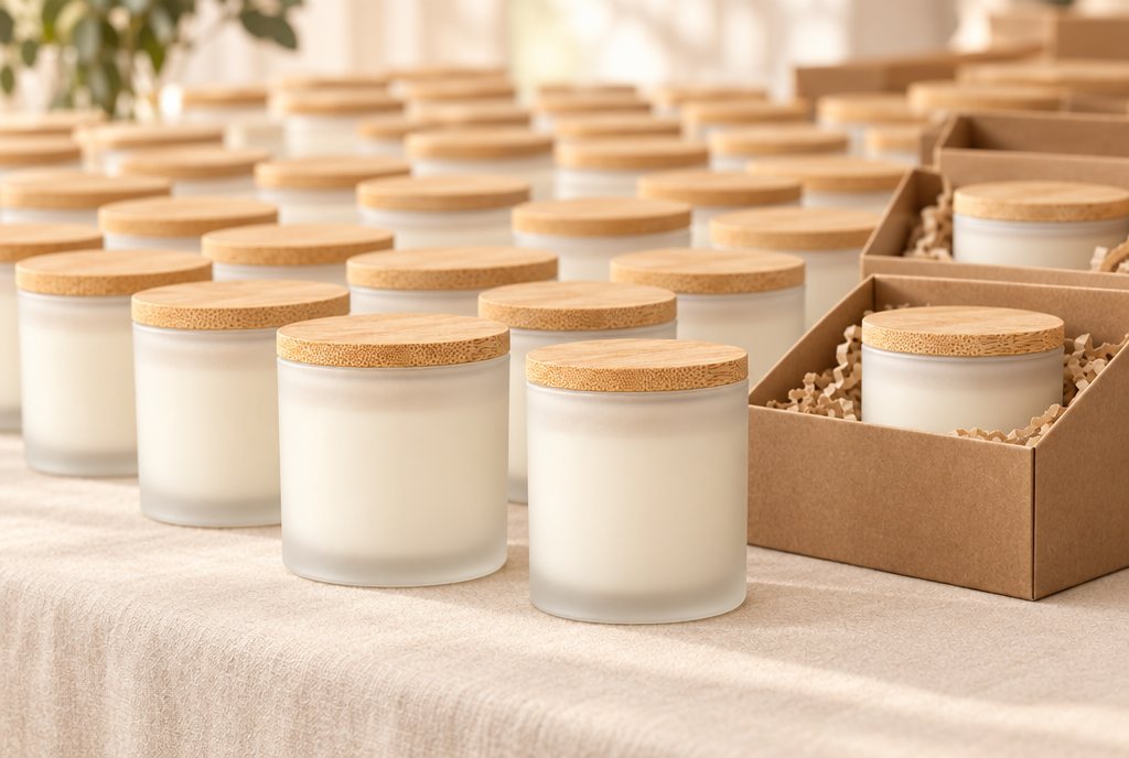 Rows of identical frosted candles in kraft boxes prepared for an event