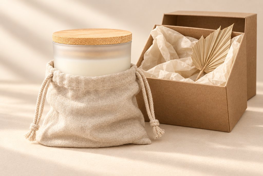 Frosted candle in a linen pouch next to an open kraft gift box