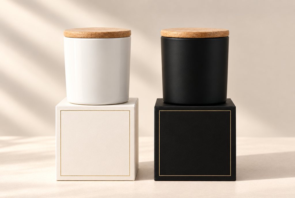 White and black candles with bamboo lids on matching cream and black gift boxes with a thin gold border