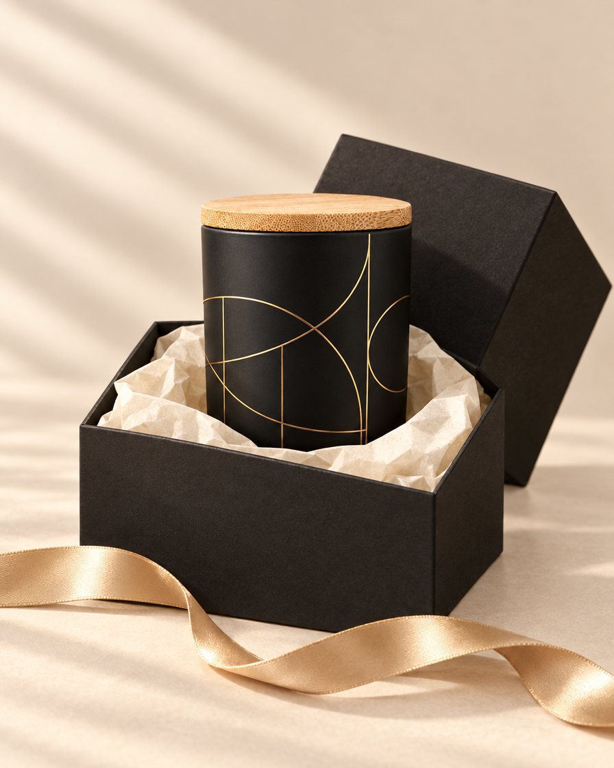 Matte black candle with a gold foil pattern and bamboo lid in an open black gift box with a gold ribbon