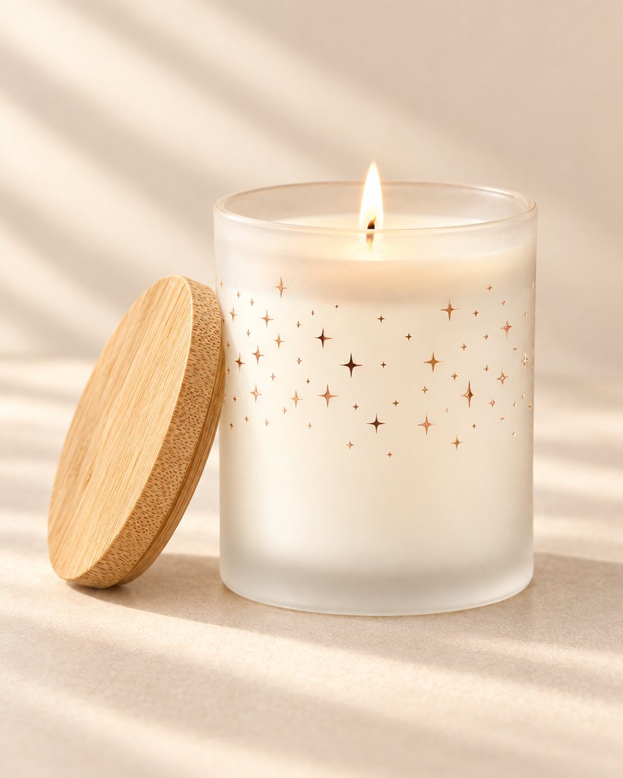 Lit frosted candle with a rose-gold foil band of small stars, bamboo lid beside it