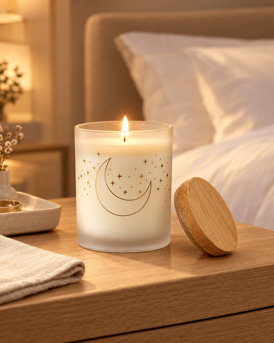 Lit frosted candle with a gold crescent and stars print on a bedside table in a hotel room, bamboo lid beside it