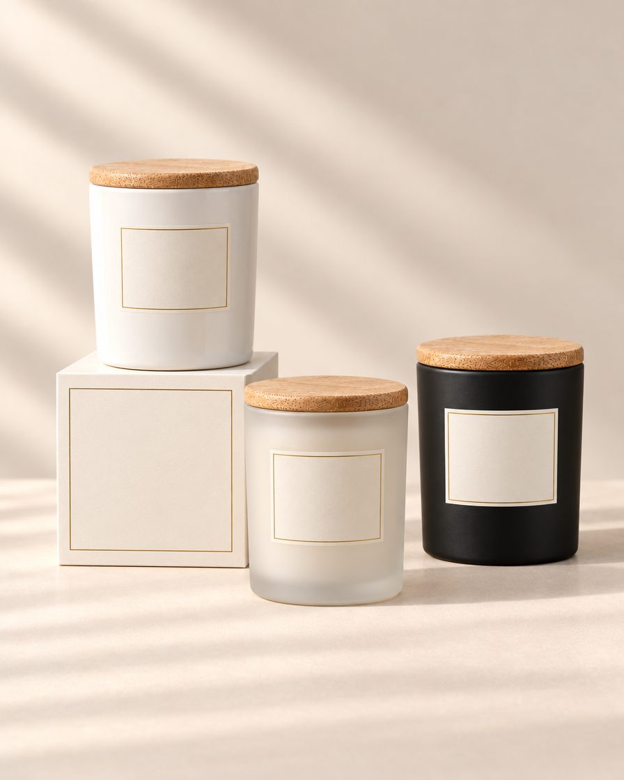 White, frosted and black candles with wooden lids and blank label panels beside a plain gift box