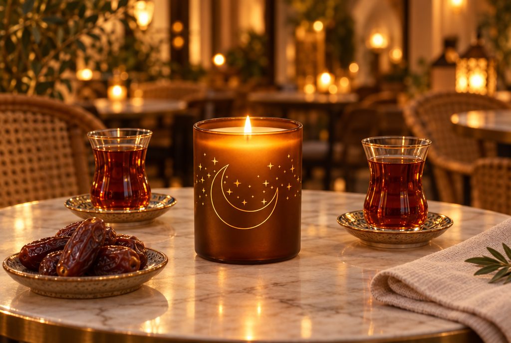 Lit amber candle with a gold crescent print on a marble restaurant table with glasses of tea and a plate of dates