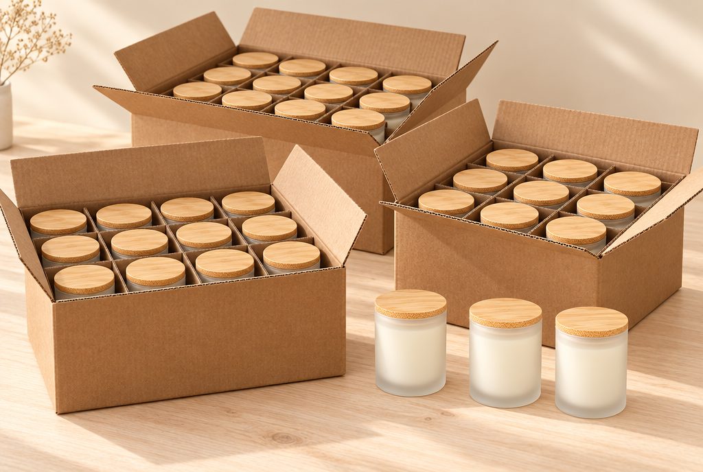 Frosted candles with bamboo lids packed upright in open cardboard cartons