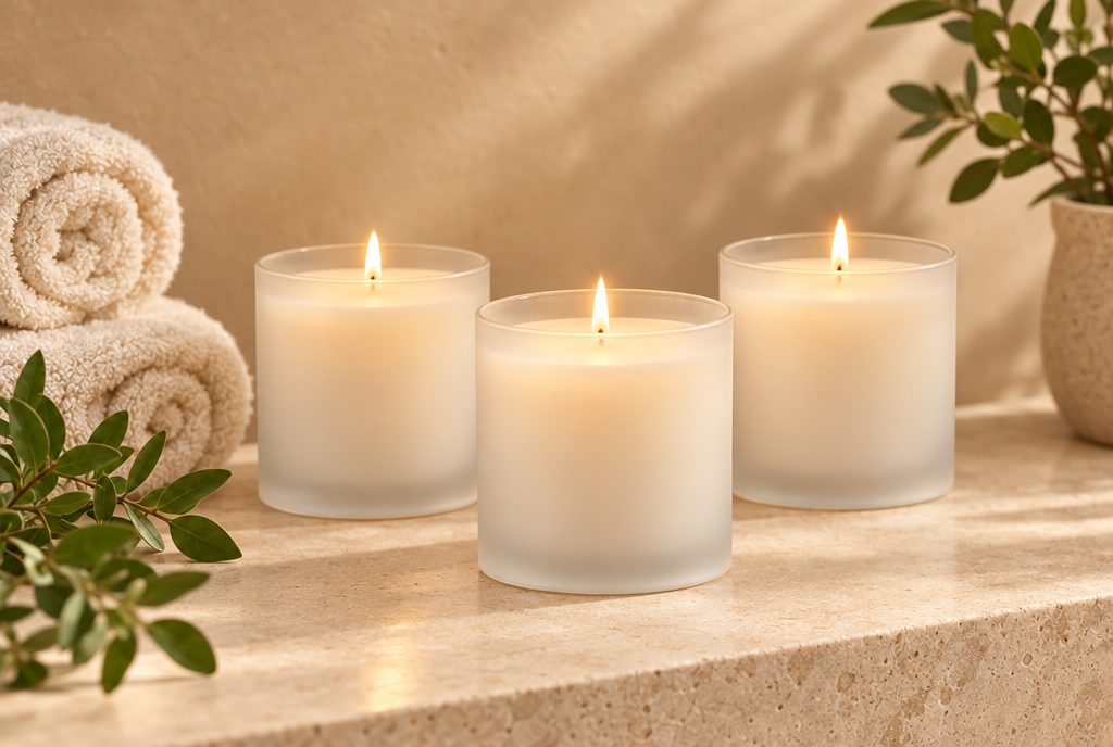 Three lit frosted candles on a stone shelf beside rolled towels in a spa