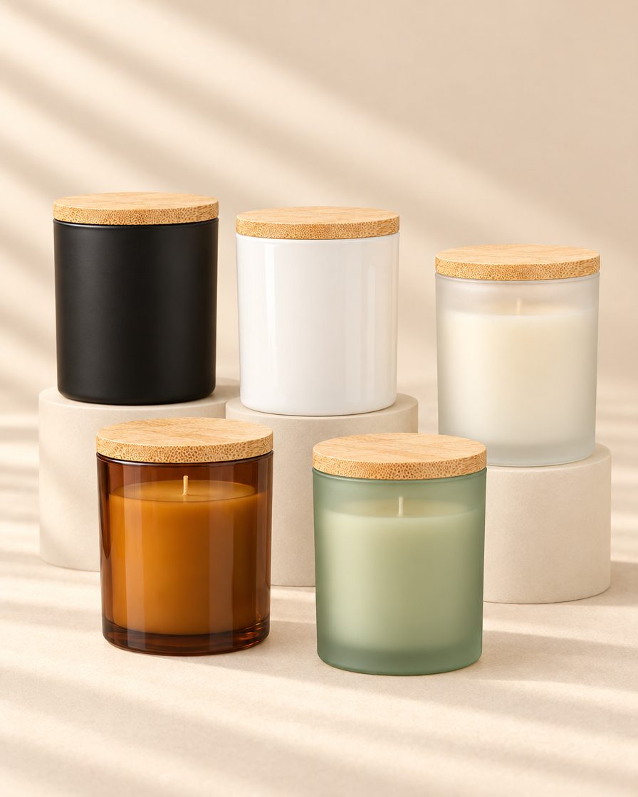 Five candles with wooden lids in matte black, gloss white, frosted, amber and green glass on cream plinths